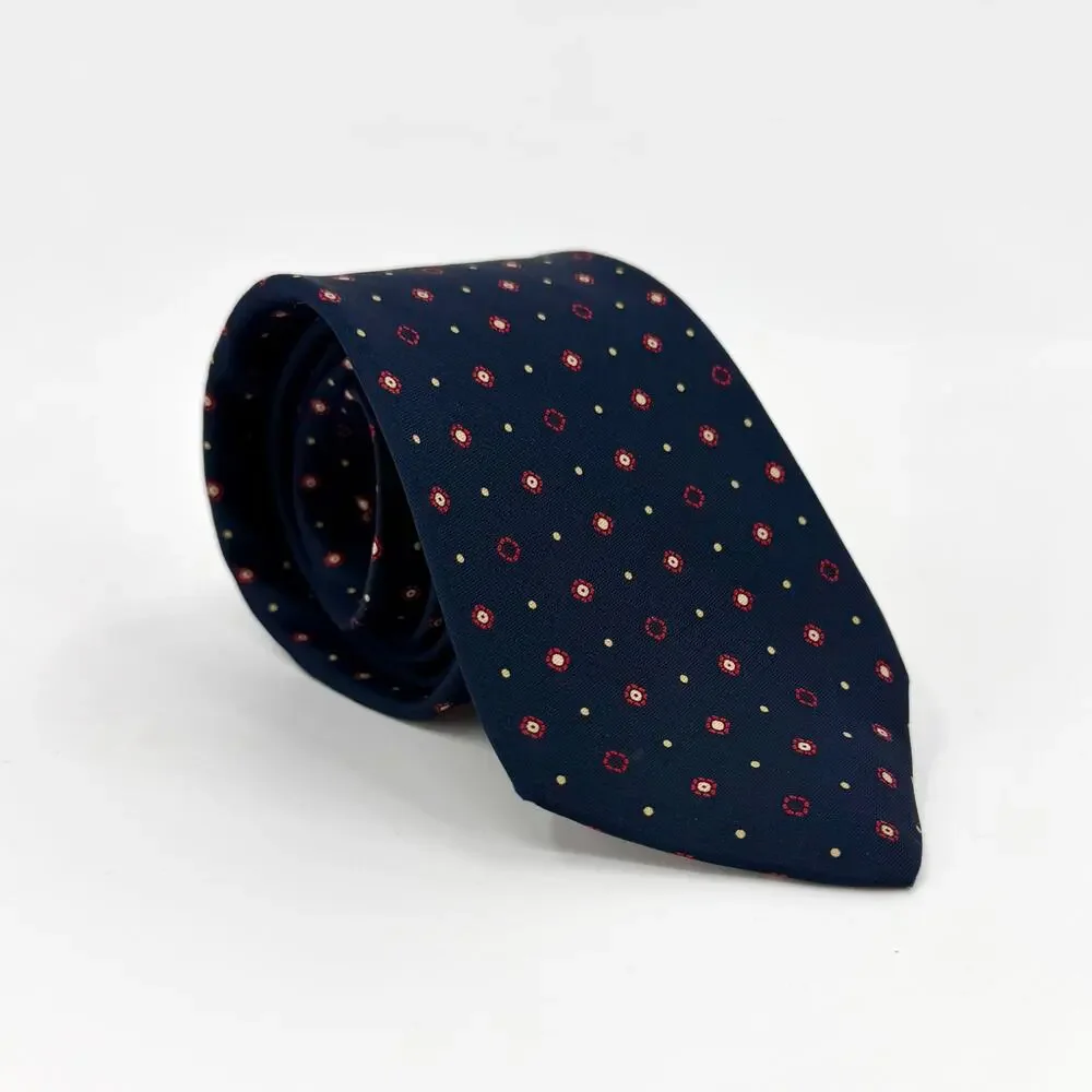 Vintage 80s Pierre Cardin Navy Red 100% Silk Medallion Print Necktie